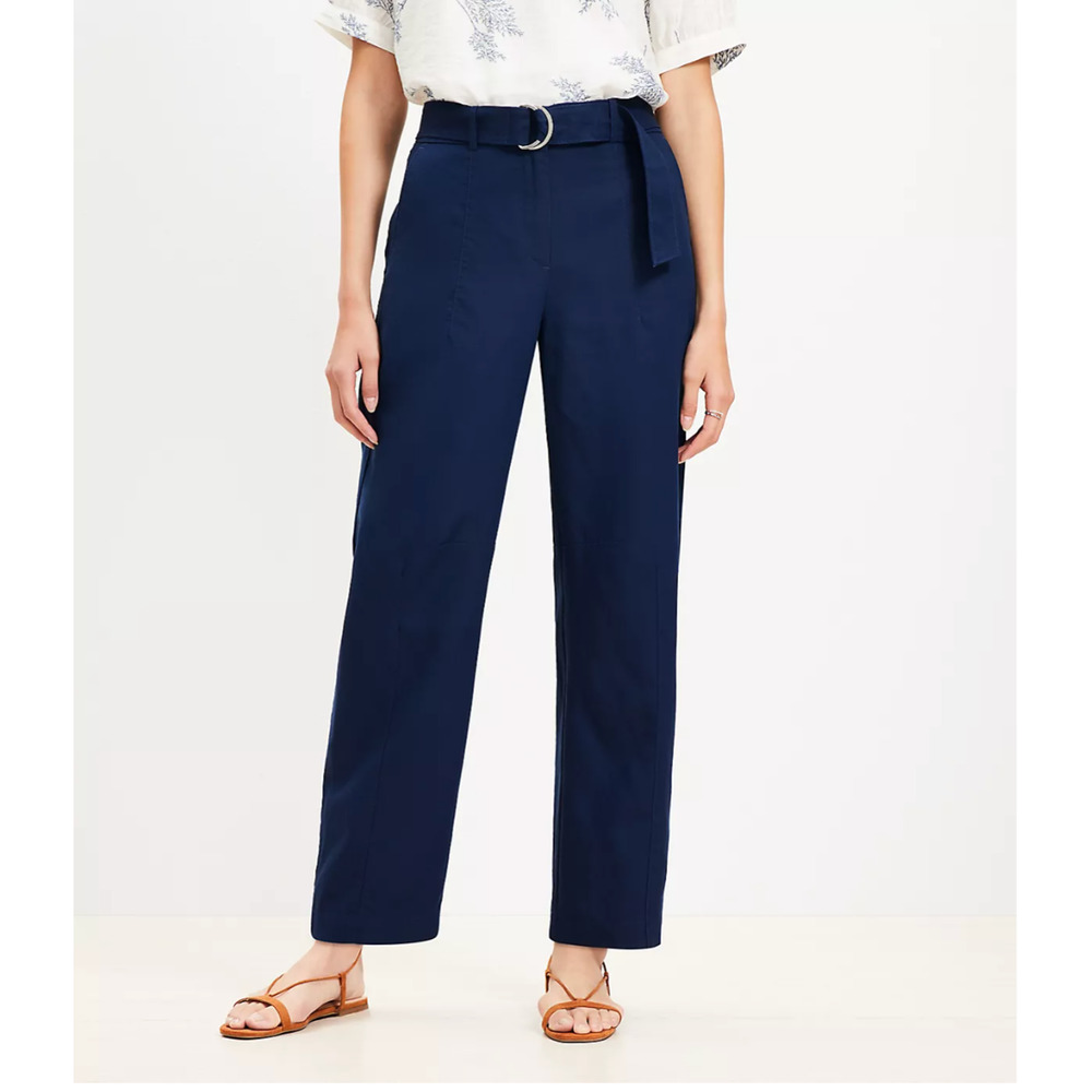 LOFT Belted Barrel Pants Navy Blue Womens Size 10 NWT Lyocell Linen